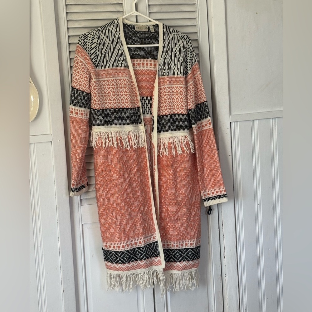Coral fringe open front cardigan